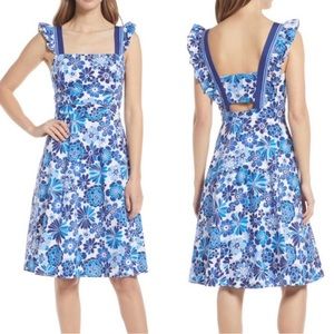 Tahari ASL Floral Ruffle Strap Blue White Casual Retro Open back Mini Midi Dress